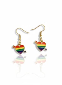Image 1 of Rainbow Heart Arrow Dangle Earrings | Gold Pride Jewelry