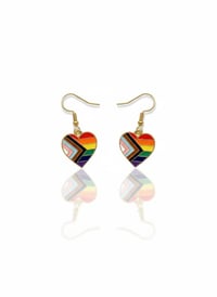 Image 1 of Progress Pride Flag Heart Earrings - Gold Tone Stainless Steel Dangles