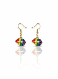 Image 1 of Rainbow Pride Lip Dangle Earrings – Gold LGBTQ Enamel Jewelry