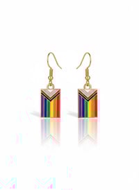 Image 1 of Progress Pride Flag Dangle Earrings • Gold Plated Stainless Steel