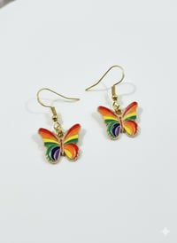 Image 1 of Rainbow Enamel Butterfly Earrings, Gold Dangles, Pride Jewelry