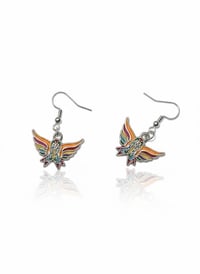 Image 1 of Rainbow Enamel Wing Earrings – Silver Tone Boho Dangle Jewelry