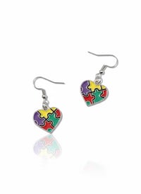 Image 1 of Enamel Heart Puzzle Earrings - Autism Awareness Dangle Earrings - Multi-Color Neurodiversity Jewelry
