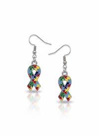 Image 1 of Puzzle Piece Ribbon Earrings, Autism Awareness, Silver Dangle