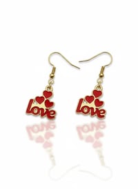 Image 1 of Red Enamel Heart Dangle Earrings – Gold Tone Love Script