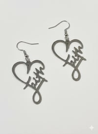 Image 1 of Silver Faith Script Heart Earrings | Dangle Drop Earrings | Elegant Religious Jewelry