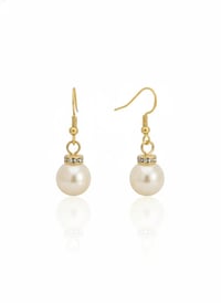 Image 1 of White Pearl Drop Earrings - Gold Fishhook, Crystal Rondelle