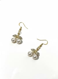 Image 1 of Pearl Cherry Drop Earrings – Gold-Plated Fruit Dangles with Crystal Leaves
