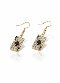 Image 1 of Crystal Ace of Spades Earrings, Gold Poker Card Dangles, Vegas Jewelry