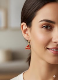 Image 2 of Red Enamel Heart Dangle Earrings – Gold Tone Love Script