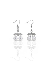 Image 1 of Cherry Pearl Drop Earrings, Silver Crystal Leaf Dangles