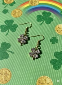 Image 1 of Crystal Clover Earrings, Gold St. Patrick's Day Dangles