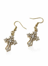 Image 1 of Gold Crystal Cross Dangle Earrings, Gothic Religious Jewelry
