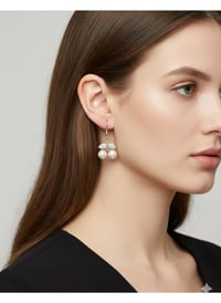 Image 2 of Cherry Pearl Drop Earrings, Silver Crystal Leaf Dangles