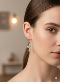 Image 2 of Gold Crystal Cross Dangle Earrings, Gothic Religious Jewelry