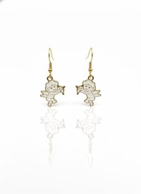 Image 1 of Gold Cupid Dangle Earrings - White Enamel Cherub Jewelry