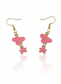 Image 1 of Pink Teddy Bear Heart Balloon Dangle Earrings, Enamel Gold Jewelry