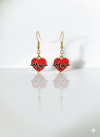 Image 1 of EKG Heartbeat Dangle Earrings, Red Enamel, Nurse Doctor Gift