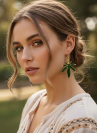 Image 2 of Green Leaf Cannabis Earrings | Gold Dangle 420 Jewelry | Enamel Weed Leaf Drop Earrings for Women...