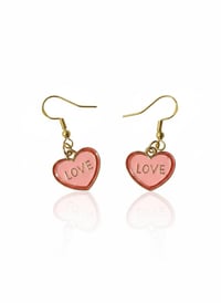 Image 1 of Pink Enamel Heart Dangle Earrings, Gold 'LOVE' Jewelry