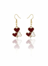 Image 1 of Triple Heart Dangle Earrings - Red &amp; White Enamel, Gold Tone