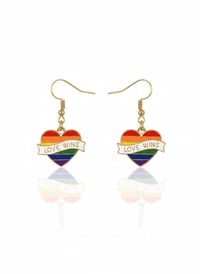 Image 1 of Rainbow Heart "Love Wins" Dangle Earrings – Pride Jewelry – Gold Tone Enamel Pride Month Gift