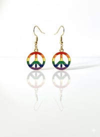 Image 1 of Rainbow Peace Sign Dangle Earrings, Gold Pride Jewelry