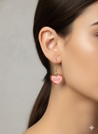Image 2 of Pink Enamel Heart Dangle Earrings, Gold 'LOVE' Jewelry