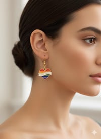 Image 2 of Rainbow Heart "Love Wins" Dangle Earrings – Pride Jewelry – Gold Tone Enamel Pride Month Gift