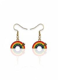 Image 1 of Rainbow Enamel Dangle Earrings – Gold Tone "Love Wins" Pride Jewelry