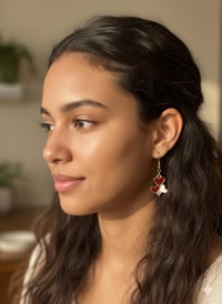 Image 3 of Triple Heart Dangle Earrings - Red &amp; White Enamel, Gold Tone