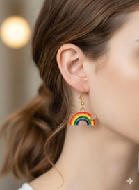 Image 2 of Rainbow Enamel Dangle Earrings – Gold Tone "Love Wins" Pride Jewelry