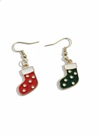 Image 1 of Enamel Christmas Stocking Drop Earrings | Mismatched Holiday Jewelry