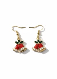 Image 1 of Enamel Christmas Bell Dangle Earrings, Holiday Holly Jewelry