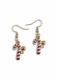 Image 1 of Candy Cane Drop Earrings, Gold Bow, Christmas Jewelry