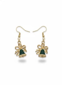 Image 1 of Gold Christmas Bell Earrings, Green Enamel Holiday Jewelry