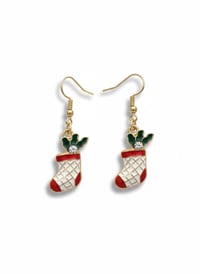 Image 1 of Christmas Stocking Dangle Earrings, Enamel Holiday Jewelry