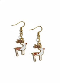 Image 1 of White Enamel Reindeer Earrings, Gold Tone Holiday Jewelry