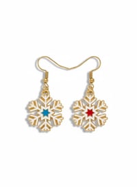 Image 1 of Gold Snowflake Dangle Earrings – Red and Green Enamel Stars