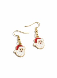 Image 1 of Handmade Santa Enamel Dangle Earrings, Gold Holiday Jewelry