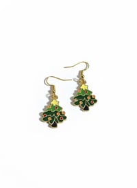 Image 1 of Enamel Christmas Tree Earrings, Gold Holiday Jewelry
