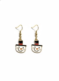 Image 1 of Snowman Dangle Earrings - Gold Plated Enamel Holiday Jewelry