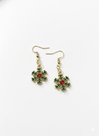 Image 1 of Green Enamel Snowflake Earrings – Ruby Red Crystal, Gold-Tone Holiday Jewelry