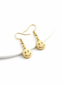 Image 1 of Gold-Tone Smiley Face Dangle Earrings, Y2K Style