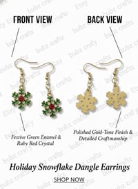 Image 2 of Green Enamel Snowflake Earrings – Ruby Red Crystal, Gold-Tone Holiday Jewelry