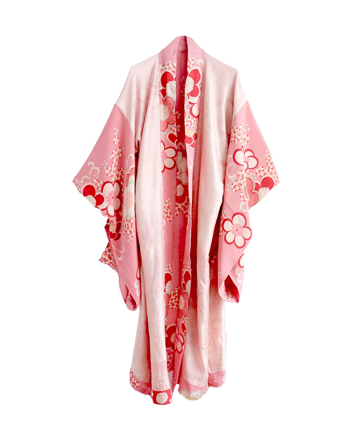 Image of Kimono dame af cremefarvet og rosa silke m. umeblomster grene - vendbar
