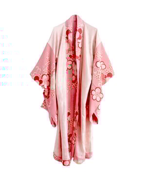 Image of Kimono dame af cremefarvet og rosa silke m. umeblomster grene - vendbar