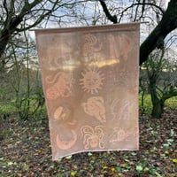 Image 1 of Lithographed beasts silk wall hanging - charcoal on peach 