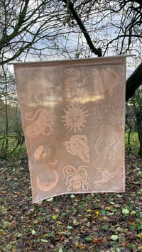 Image 2 of Lithographed beasts silk wall hanging - charcoal on peach 