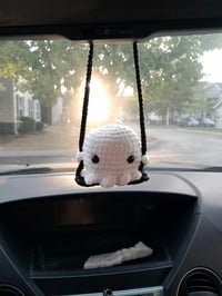 Image 2 of Crochet Ghost Car Charm on Swing: Spooky Rearview Mirror Decor